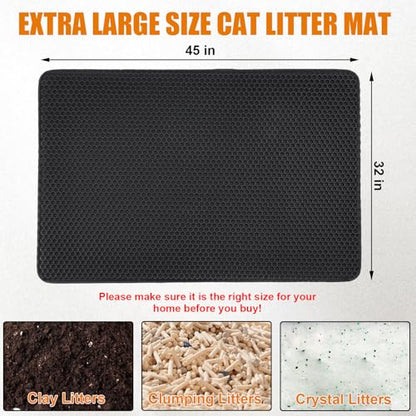 Cat Litter Mat - Extra Large XL 45"x32" Cat Litter Trapping Mat,Honeycomb Double Layer Traps Litter,Washable & Urine Proof,Non-Toxic,Soft EVA Litter Box Mat for Multi-Cat Homes(Black) - color: Black