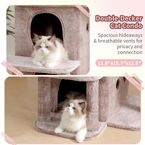 Heybly Cat Tree, 25.6-inch Cat Tower with Spacious Top Perch for Large Cats, Stair-Style Cat House Furniture with Dual-Layer Condos, Sisal Scratching Posts, Cozy Basket & Pompom, Muchroom HCT204SMU - color: Muchroom, size: 25.6 inch
