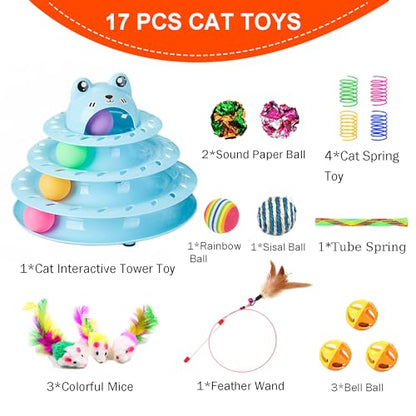 17 Pack Cat Toys, 4-Level Turntable Ball Track Interactive Cat Toy for Indoor Cats, Self Play Fun Roller with Colorful Rotating Ball Puzzle Exercise Kitten Toys Set - color: Light Blue