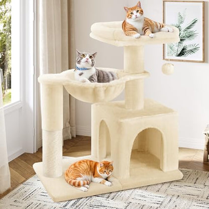 Allewie 29.5in Indoor Cat Tree, Multi-Level Cat Tower with Sisal Scratching Posts, Padded Perch, Basket, Condo, and Hanging Ball, Suitable for Kittens and Adult Felines,Beige - color: Beige