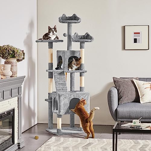 Yaheetech XL Cat Tree, 72in Multi-Level Cat Tower with 2 Cozy Caves, 3 Soft Perches, Scratching Posts, Board, and Dangling Ball, Pet Furniture Play House for Kittens/Cats, Light Gray - color: Light Gray