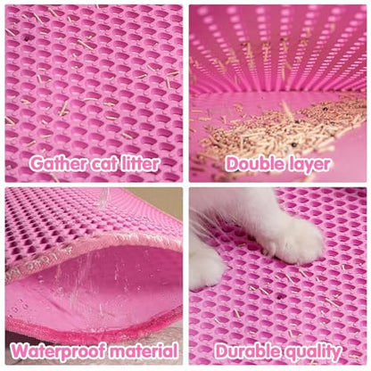 Cat Litter Mat, 21 x 14 Inches Large Honeycomb Double Layer Cat Litter Trapping Mat, Non Slip Waterproof Urine Proof Cat Litter Box Mat, Kitten Supplies and Essentials, Pink - color: Pink