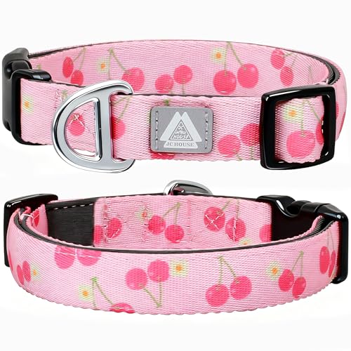 Girl Dog Collar, Pink Cute Cherry Print Reflective Padded Collar with Soft Neoprene, Adjustable Lightweight Pet Collar for Small Dogs, Puppies,Neck Size 9’’-14’’ (Cherry, S) - color: Cherry, size: S (Neck 9''– 14'')
