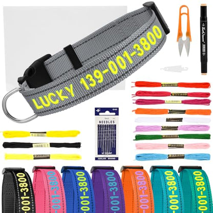 DIY Personalized Embroidered Dog Collar - Custom Hand-Stitched Name & Number, Reflective Adjustable Pet Collar for Small/Medium/Large Dogs & Cats, Durable Nylon with Steel D-Ring (Gray, Medium) - color: Gray, size: Medium