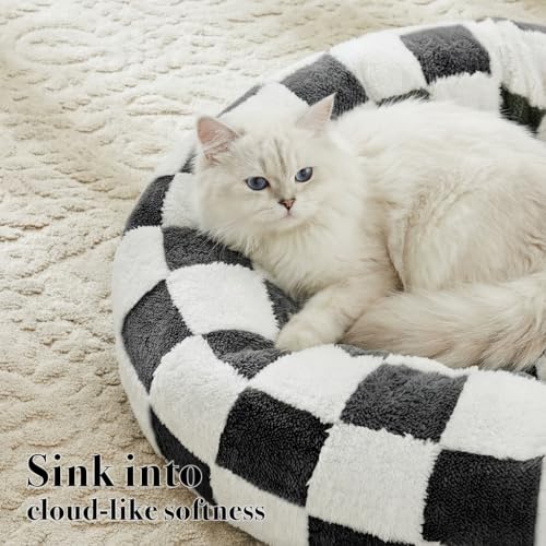 Ohocut Checkered Cat Dog Bed, Cute Black White Retro Style Aesthetic Round Warming Pet Calming Beds for Small Dog and Cats, Plush Cozy Donut Beds Washable, 23" L x 23" W x 8" Th - color: Black, size: 23"L x 23"W x 8"Th