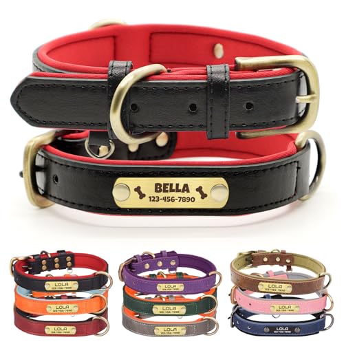 Custom Leather Dog Collar with Name Plate - Personalized Collar for Dogs with Laser-Engraved Nameplate - PU Faux Leather with Neoprene Lining (Black, XS (8.5-10.5 Inches)) - color: Black, size: XS (8.5-10.5 Inches)