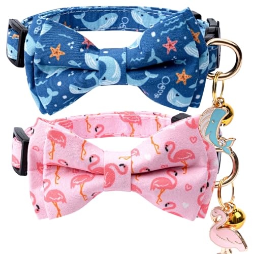 2 Pack Cotton Cat Collar with Bow Tie and Bell for Girl Boy Cats,Cute Pink Flamingo and Blue Whale Pattern Spring Summer Breakaway Cat Collar for Male Female Cats (Flamingo&Whale) - color: Flamingo&Whale