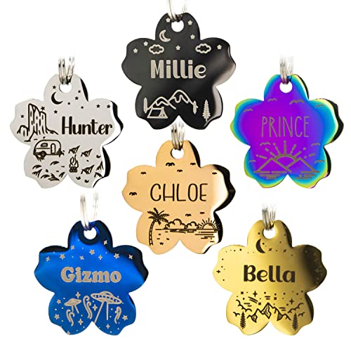 Personalized Dog Tag with 5 Lines of Custom Deep Engraved Durable Stainless Steel Pet ID Name Tag Designer Small Size Flower - size: Small, style: Flower