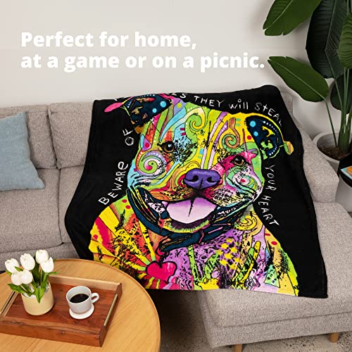 Dawhud Direct 50 x 60 Inch Pitbull Fleece Blanket Throw with Dean Russo Dog Art - Soft and Colorful Pitbull Blankets for Adults, Kids, Bed Couch Sofa Travel - Thoughtful Gift for Dog Lovers - color: Dean Russo Beware of Pit Bulls They Will Steal Your Hear