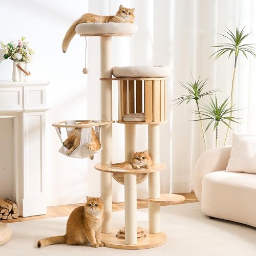HITTITE Solid Wood Cat Tree Tower with Scratching Post, 61 Inches Tall Cat Towers with Capsule and Condo, Modern Cat Tower with Hammock and Removable Top Bed for Indoor Cats.White - color: Nature-V, size: 61in