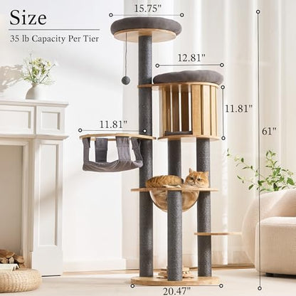 797Audio Wood Modern Cat Tree, 61.5" Cat Tower with Sisal Scratching Posts, Cat Condo, Capsule, Hamnock and Spinner Toy,Solid Wooden Aesthetic Multi-Level Cat Climbing Tree for Adult Indoor Cats-Gray - color: 62 Inch-Turntable-Gray