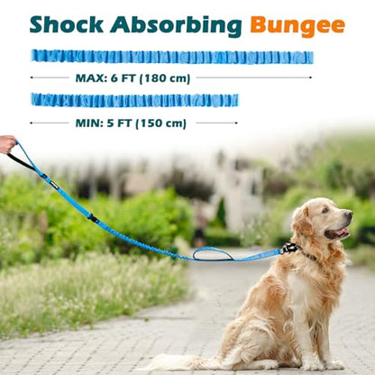 Heavy Duty Tactical Dog Leash, 5 FT Bungee Shock Absorption Leash with 2 Padded Handles, Quick Release Metal Clip, Car Seatbelt, No Pull Training Lead for Large Medium Dogs（Light Blue） - color: Light Blue