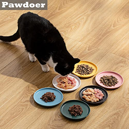 Ceramic Shallow Cat Dish 6 inch, Whisker Fatigue Free Cat Food Bowls, Wide and Small Pet Plate for Kitten and Kitty, Short Legged Munchkin Cat - color: 3 Pack - White & Blue & Yellow