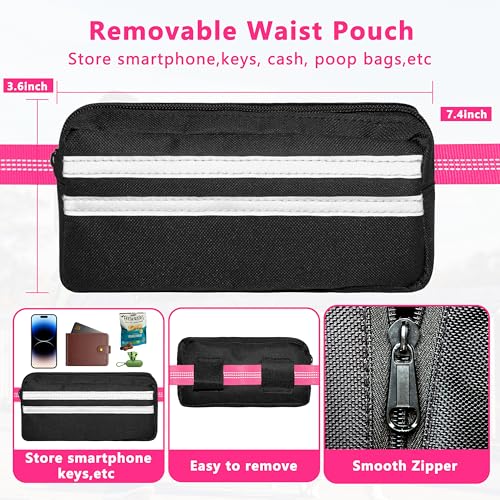 Hands Free Dog Leash with Zipper Pouch, Running Waist Leash for Dog Walking, Adjustable Waist Belt for Large Dogs, Reflective Bungee Design with Two Handle for Hiking, Training, Hot Pink - color: Hot Pink