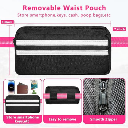 Hands Free Dog Leash with Zipper Pouch, Running Waist Leash for Dog Walking, Adjustable Waist Belt for Large Dogs, Reflective Bungee Design with Two Handle for Hiking, Training, Hot Pink - color: Hot Pink