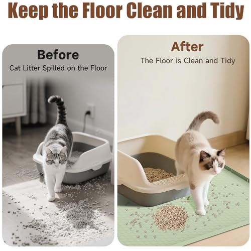 Cat Litter Mat, 34" X 22" Large Silicone Mat Cat Litter Trapping Mat, Waterproof Litter Box Mat, Soft on Kitty Paws, Urine-Proof, Easy to Clean, Non-Slip Kitty Litter Mat for Floor(Green)