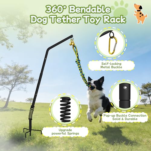 Tether Outdoor Dog Rope Toy with Adjustable Height Spring Pole, 3 Kinds Dog Tug of War Toys for Self Play and Interactive in Park, Yard, Lawn Rope, Suitable for Energetic Dog(45″)