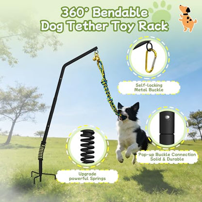 Tether Outdoor Dog Rope Toy with Adjustable Height Spring Pole, 3 Kinds Dog Tug of War Toys for Self Play and Interactive in Park, Yard, Lawn Rope, Suitable for Energetic Dog(45″)