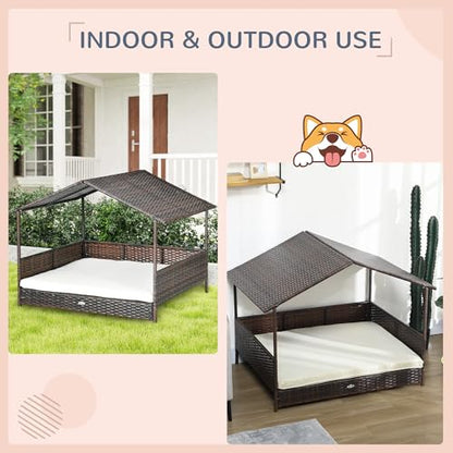 PawHut Outdoor Wicker Dog House with Canopy, Rattan Dog Bed with Soft Cushion Removable Cover for Medium and Large Dogs, Cream White