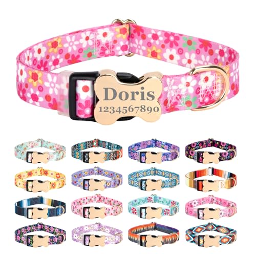 Personalized Custom Customized Silent No Jingle Dog Collar with Engraved ID Dog Name Phone Number/Dog Collars for Puppy X-Small Small Medium Large X-Large Boy Girl Dogs-Pink Flower-XS - color: 17 Pink Flower, size: X-Small (0.6" *7.8"-11.8")