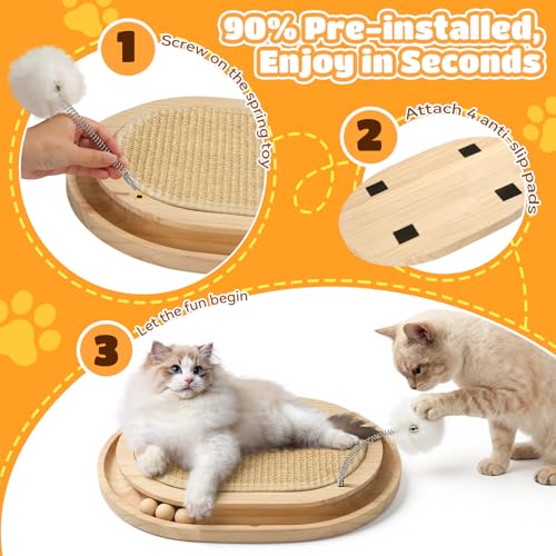 Cat Scratcher, Natural Sisal Scratching Pad, Kitten Interactive Toy with Ball Track & 3 Spring Plush Toys for Chasing Hunting Exercise, Round Wooden Cat Scratchers for Indoor