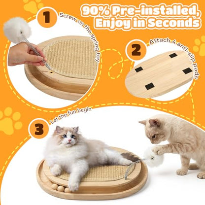 Cat Scratcher, Natural Sisal Scratching Pad, Kitten Interactive Toy with Ball Track & 3 Spring Plush Toys for Chasing Hunting Exercise, Round Wooden Cat Scratchers for Indoor