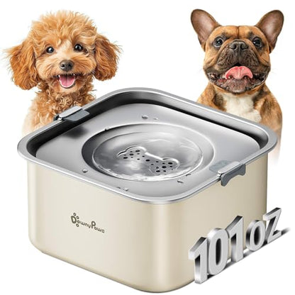 DownyPaws No Spill Water Bowl for Dogs,101oz/3L Slobber Stopper Stainless Steel, Slow Drinking Dog Water Bowl, No Mess Dog Water Dispenser Spill Proof, Dishwasher Safe, Beige - color: Beige