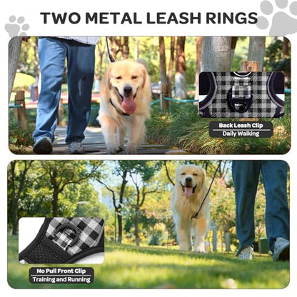 Plaid Dog Harness for Medium Dogs, Reflective No Pull Adjustable Pet Vest with Front Clip, Leash, Easy Control Handle and Seat Belt, Beige&White, M - color: Black & White, size: Medium