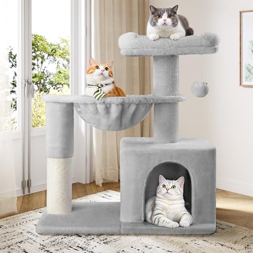 Allewie 29.5in Indoor Cat Tree, Multi-Level Cat Tower with Sisal Scratching Posts, Padded Perch, Basket, Condo, and Hanging Ball, Suitable for Kittens and Adult Felines, Grey - color: Grey