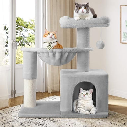Allewie 29.5in Indoor Cat Tree, Multi-Level Cat Tower with Sisal Scratching Posts, Padded Perch, Basket, Condo, and Hanging Ball, Suitable for Kittens and Adult Felines, Grey - color: Grey