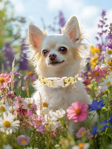 Bee & Daisy Dog Collar for Puppy Small Dogs - Spring/Summer Cartoon Yellow Dog Collars, Lightweight Adjustable Male Female Dogs Collars with Quick Release Buckle XS - color: Bee&Daisy, size: XS