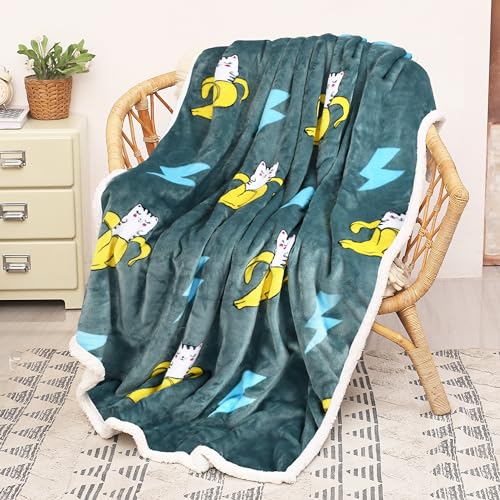 Catalonia Banana Cat Print Sherpa Fleece Throw Blanket, Soft Mink Plush Couch Blanket, Fuzzy Fluffy Comfy Warm Throws, Comfort Caring Gift, 50x60 inches - color: Banana Cat Grey, size: 50"x60"