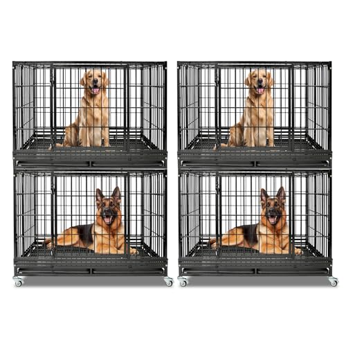 2 Pack Two Tiers 47 Inch Heavy Duty Dog Crate for Large Dogs, Stackable Chew-Proof Drop Cage for Dog with 4 Lockable Wheels, Escape Proof Auto-Lock & Buckle, Double-Access Wide Door Dog Kennel Indoor - size: 47 Inch-4 Pack