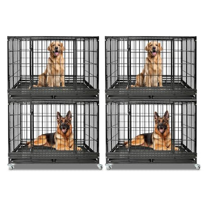 2 Pack Two Tiers 47 Inch Heavy Duty Dog Crate for Large Dogs, Stackable Chew-Proof Drop Cage for Dog with 4 Lockable Wheels, Escape Proof Auto-Lock & Buckle, Double-Access Wide Door Dog Kennel Indoor - size: 47 Inch-4 Pack