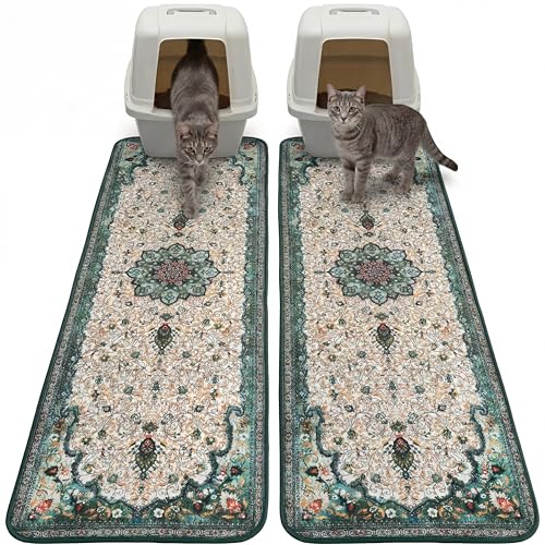 Hompet Cat Litter Mat 2 Pack, 18x54 Large Machine Washable Trapping Mats for Cats, Super Absorbent & Urine-Proof Cat Litter Box Mat for Floor, Waterproof & Non Slip Kitty Litter Rug - color: Green Mandala, size: 18x54 Inch (Pack of 2)