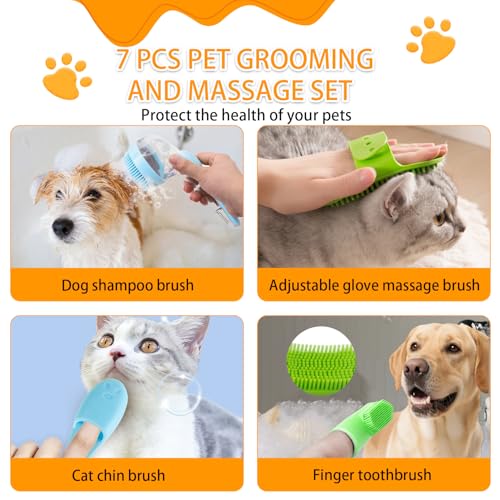 7 PCS Pet Bath Brush Set, Dog Bath Brush with Shampoo Dispenser, Cat Chin Cleaning Brush, Dog Toothbrush, Adjustable Glove Massage Brush, Pet Scrubber for Bathing Long Short Haired Dogs Cats - color: Blue