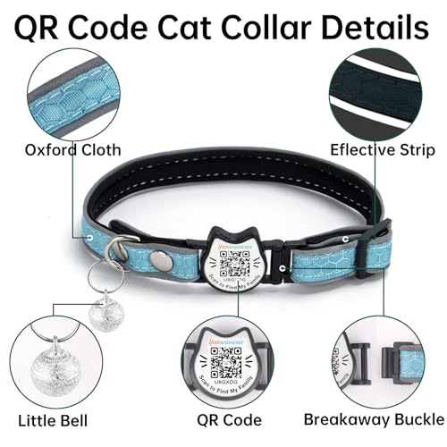 Cat Collar with Bells Reflective Cat Collars Breakaway with Oxford Cloth Soft Padding Adjustable Kitten Collar with QR（CodeCaribbean Blue） - color: Caribbean Blue