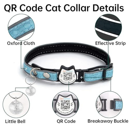 Cat Collar with Bells Reflective Cat Collars Breakaway with Oxford Cloth Soft Padding Adjustable Kitten Collar with QR（CodeCaribbean Blue） - color: Caribbean Blue
