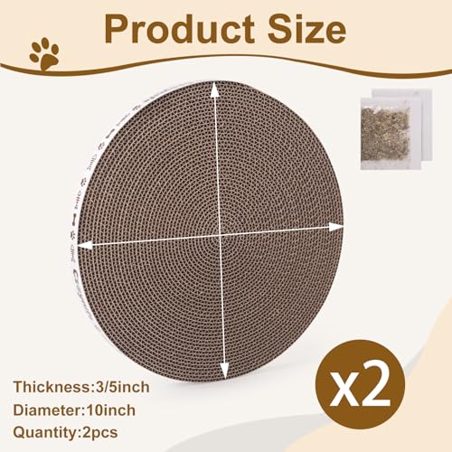10 Inch Round Cat Scratcher Pad Refill - 3/5 Inch Thick Compressed Cardboard, Universal Fit for Round Scratching Posts & Standalone Use, Protect Furniture for Indoor Cats (2 PCS) - size: 2 PCS