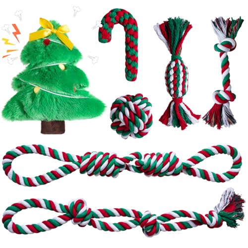 Aitmexcn Dog Rope Toys Set, 7 Pack Cotton Dog Toys for Large Dogs and Medium Small, Cute Interactive Squeaky Toy, Chewing Puppy Gaming Toy for Teeth Cleaning - style: Exclusive Dog Toys Pack- 7 Pack( Xmas-themed）
