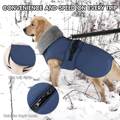 Dog Coat Large, Windproof Dog Jacket with Warm Fleece Lining, Thickened Collar Dogs Winter Coat, Adjustable Reflective Pet Coats for Cold Weather (Navy Blue, XXX-Large) - color: Navy Blue, size: XXX-Large