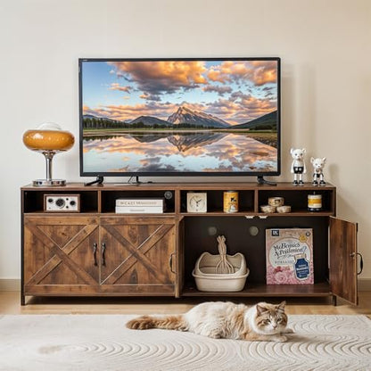 Double Cat Litter Box Enclosure for 2 Cats, 63" Hidden Litter Box Furniture with Outlet Power, Farmhouse Large Litter Box Cabinet TV Stand, 63 x 17.7 x 23.6 in, Black Brown