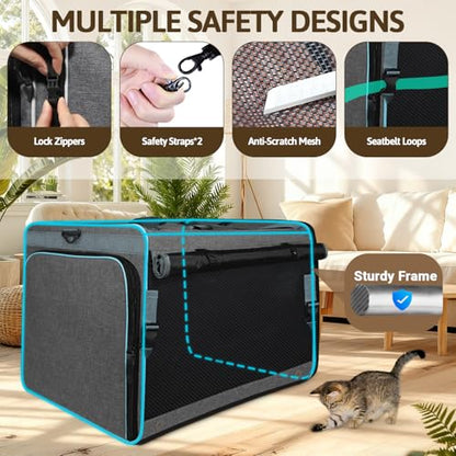 Petskd Side Expandable Extra Large Cat Car Carrier with Collapsible Litter Box for Long Distance Travel,24"x17"x17" Portable Soft Sided Pet Carrier with Roller Shades for 2 Cats Up to 55LBS(Grey) - color: grey