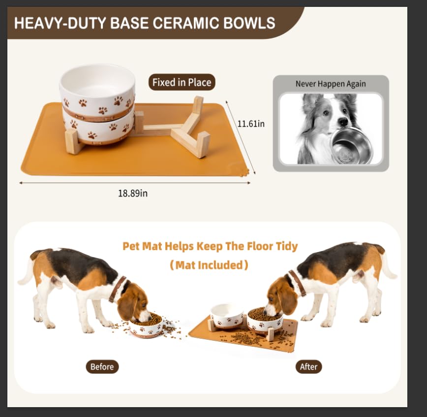 Ceramic Dog Bowls, 3.5 Cups Dog Food and Water Bowl Set for Medium Dogs with Wooden Stand and Non-Slip Silicone Food Mat, Weighted Embossed Cute Puppy Bowls Feeding Dishes Set of 2, 32 OZ - size: 4 .0 Cups