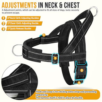 Lukovee No Pull Dog Harness and Leash Set - Heavy Duty Dog Vest with Soft Velvet Padding for Medium Large Dogs, Adjustable Reflective Tactical Harness with 2 Control Handles & Front Clip (L, Black) - color: Black, size: Large