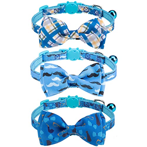Breakaway Cat Collar with Removable Bow Tie and Bell, 3 Pack Safety Buckle Kitten Collars, Adjustable Pet Collar with Cute Multi-Style Patterns, Ideal for Boy Cats Puppy - color: Style B - Blue