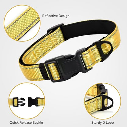 Reflective Dog Collar with Quick Release Buckle - Metal Ring - Adjustable Soft Neoprene Padded Basic Dog Collar for Small Medium Large Dogs (Yellow, Large :Width 1",Neck 15.7-23.6") - color: Yellow, size: Large