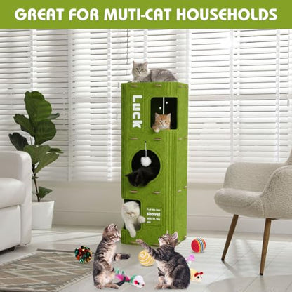 3-Storey Cat House for Indoor Use with 10 Pcs Sisal Toys Cube Cats Bed Cave Cat Houses 35.5 x 14.6 Inch Felt Scratch Resistant Cats Condos with Hideaway and Sisal Stuff for Indoor Multi-Cats Home