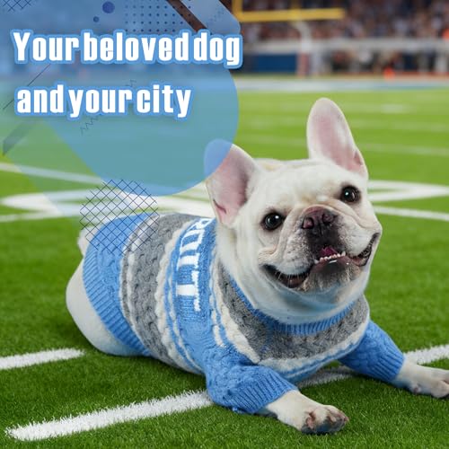 Detroit Small Dog Sweater Football Theme Turtleneck Knit Dog Sweaters for Small Pets Warm Winter Cat Dog Clothes - color: Skyblue&gray, size: Small