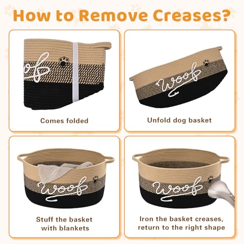 Woof Dog Toy Basket with Handles, Large Dog Toy Storage Bin with Paw Print, Woven Dog Basket for Blankets, Toys, Chews, Pet Toy Box for Nursery, Living Room, Bedroom, 17”x12”x9, Black - color: Black